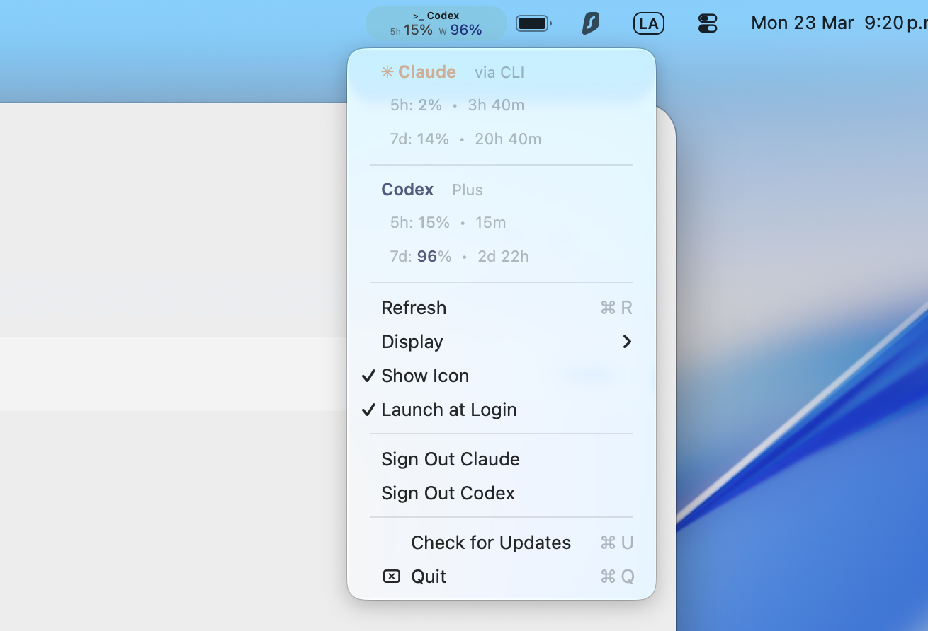 Usagebar app screenshot showing Claude and Codex usage in the macOS menu bar