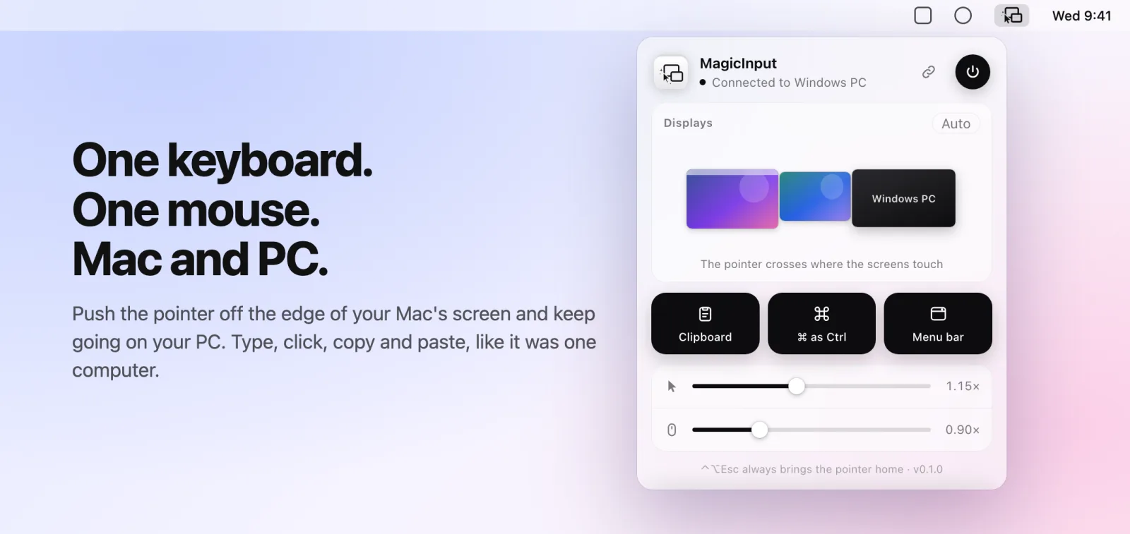 The MagicInput panel in the macOS menu bar, showing a MacBook, an iPad and a Windows PC arranged side by side